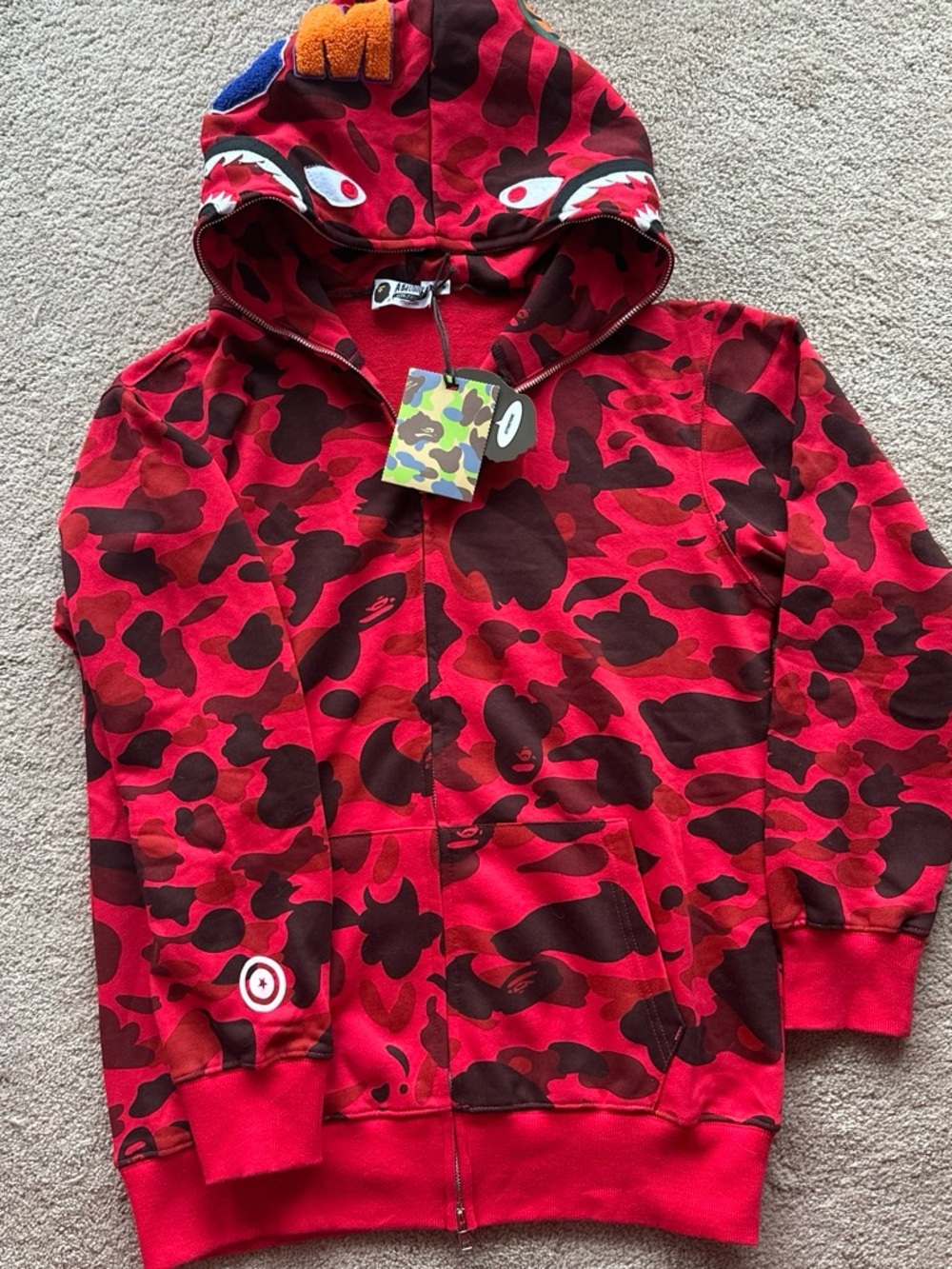 Bape Red Camo Zip Hoodie with Shark Detail size M